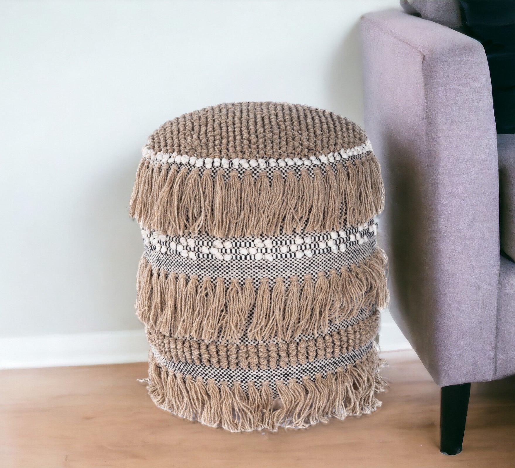 18" Beige Round Pouf Ottoman