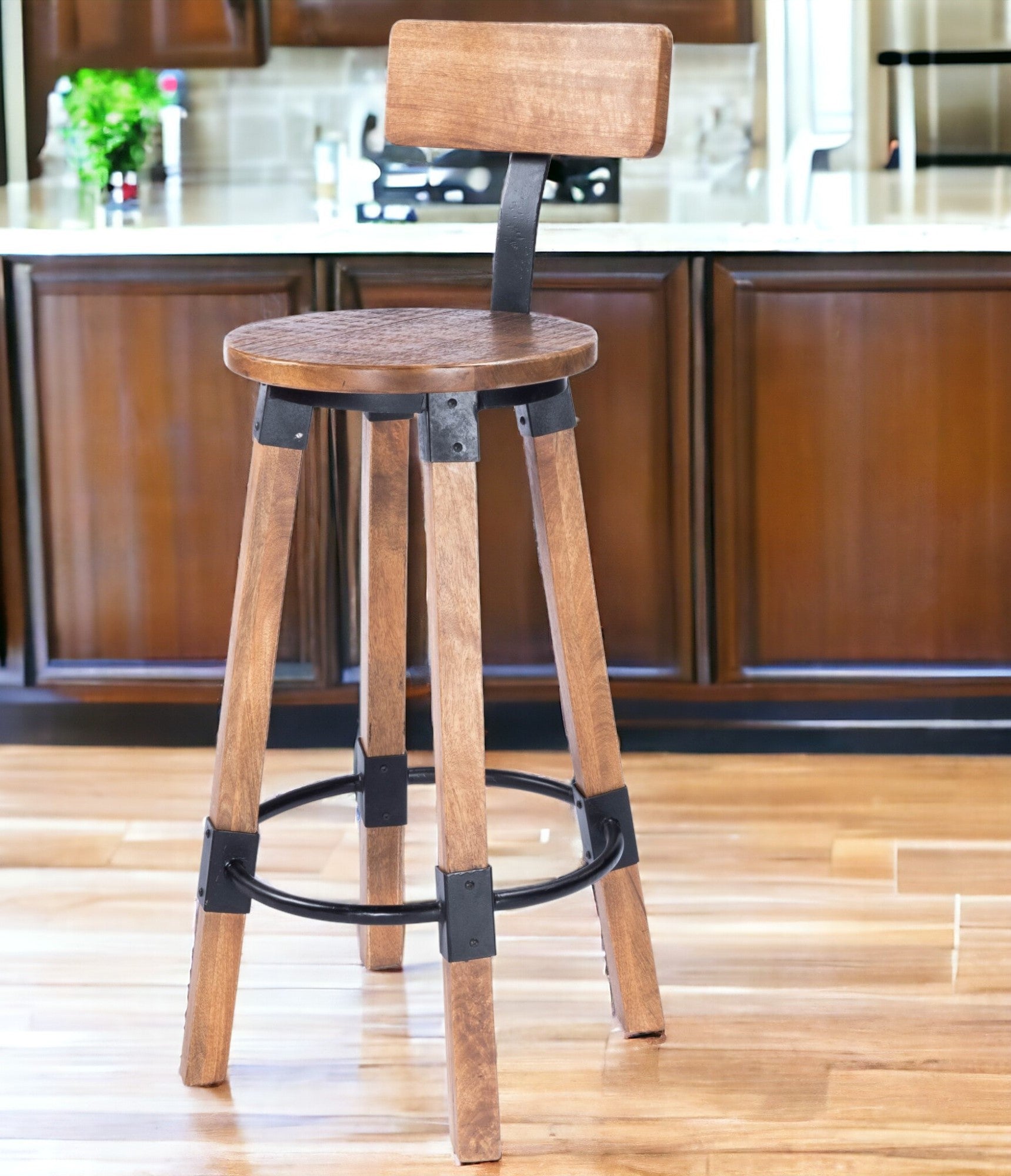 28" Brown And Natural Iron Bar Chair