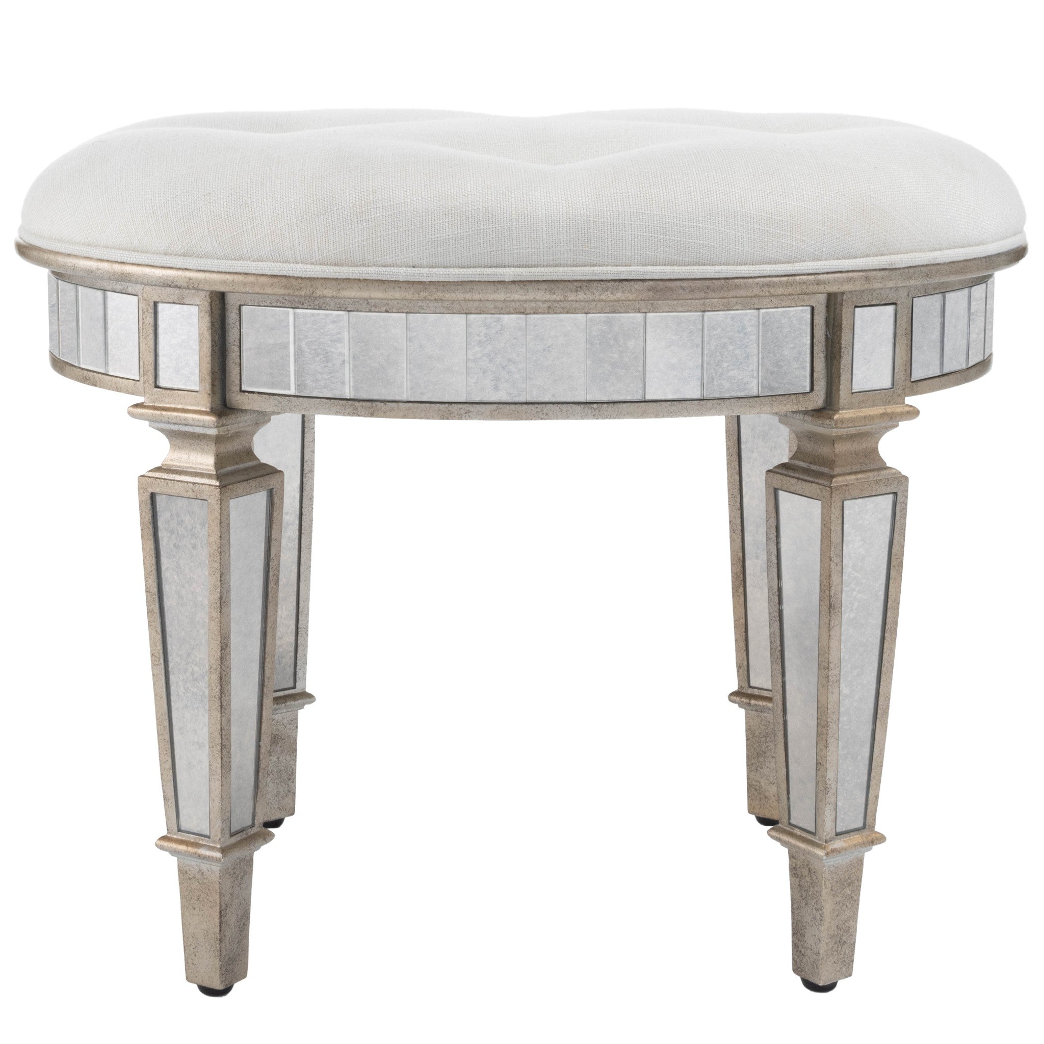 24" Cream Linen And Silver Metallic Round Ottoman