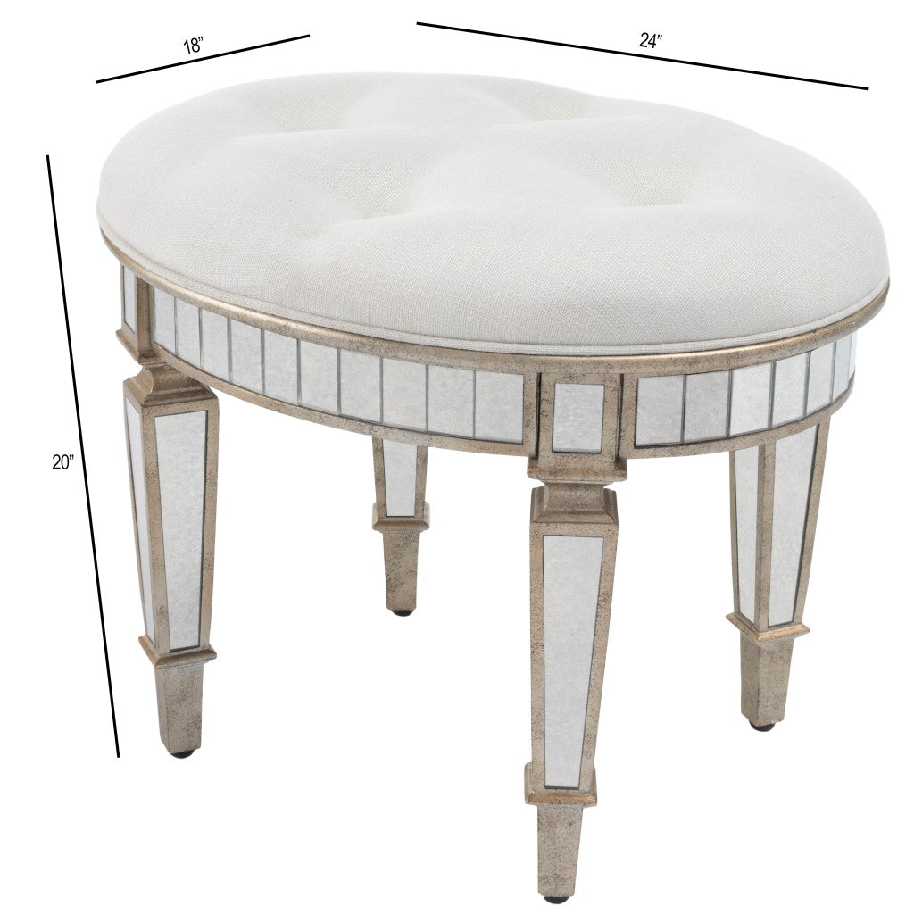 24" Cream Linen And Silver Metallic Round Ottoman