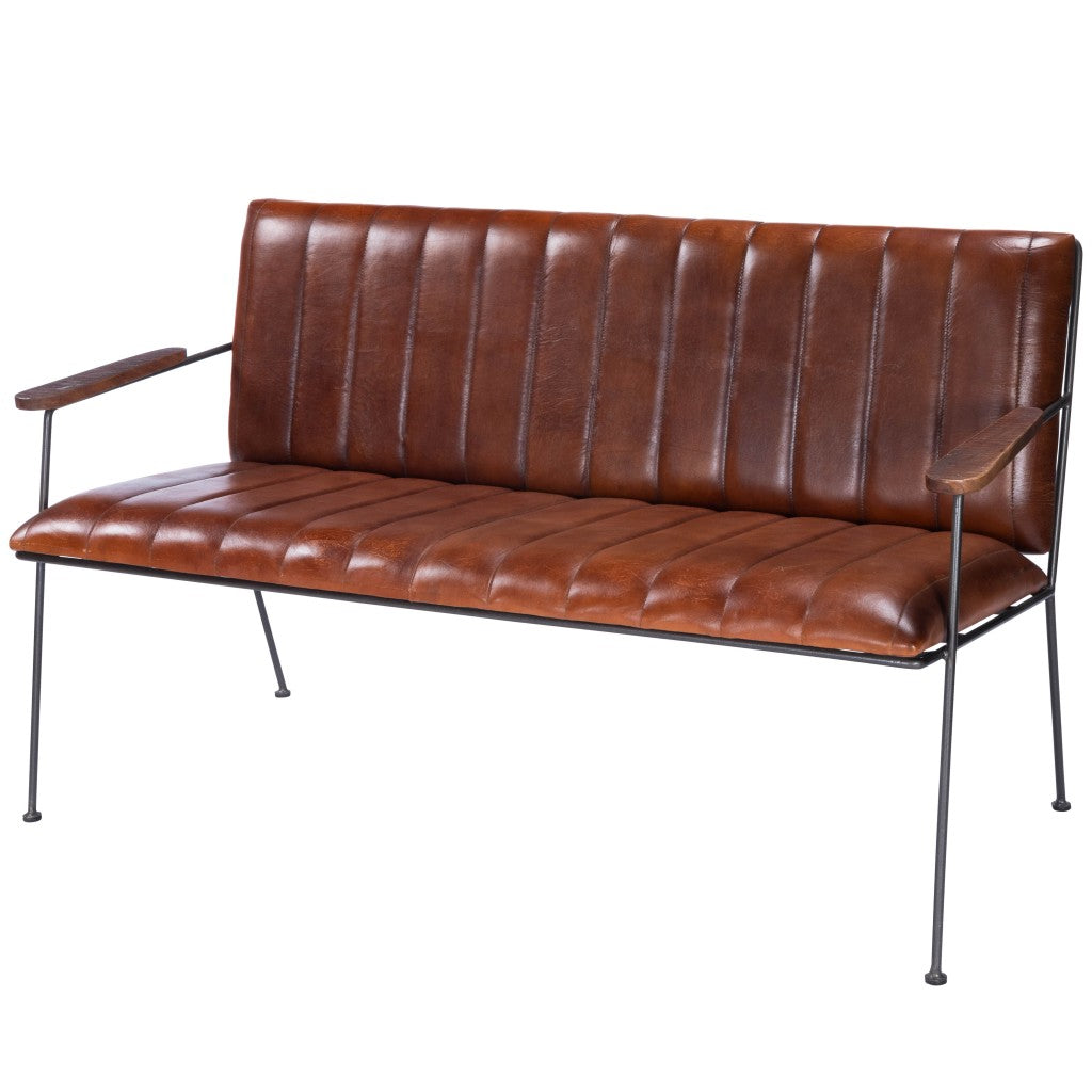 53" Brown and Black Upholstered Faux Leather Distressed Bench