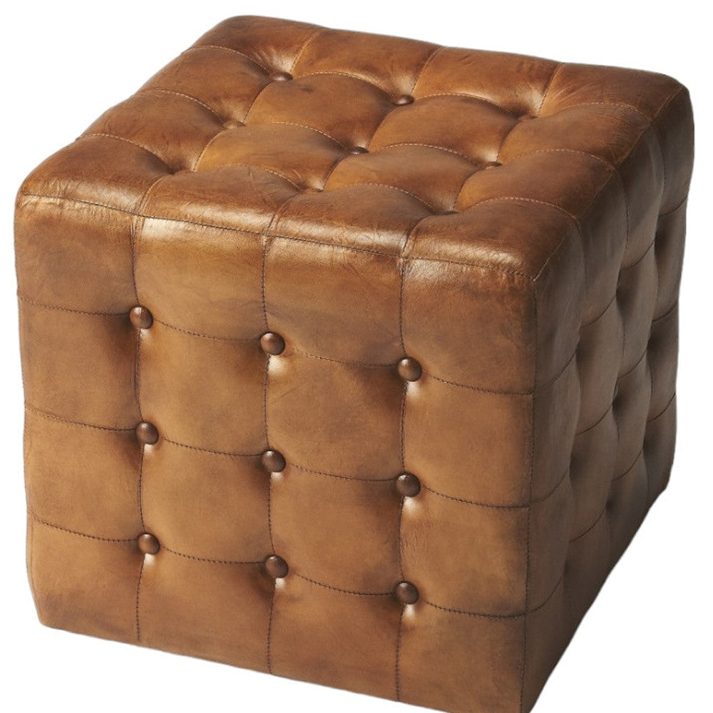 18" Brown Tufted Leather Vintage Style Cube Ottoman