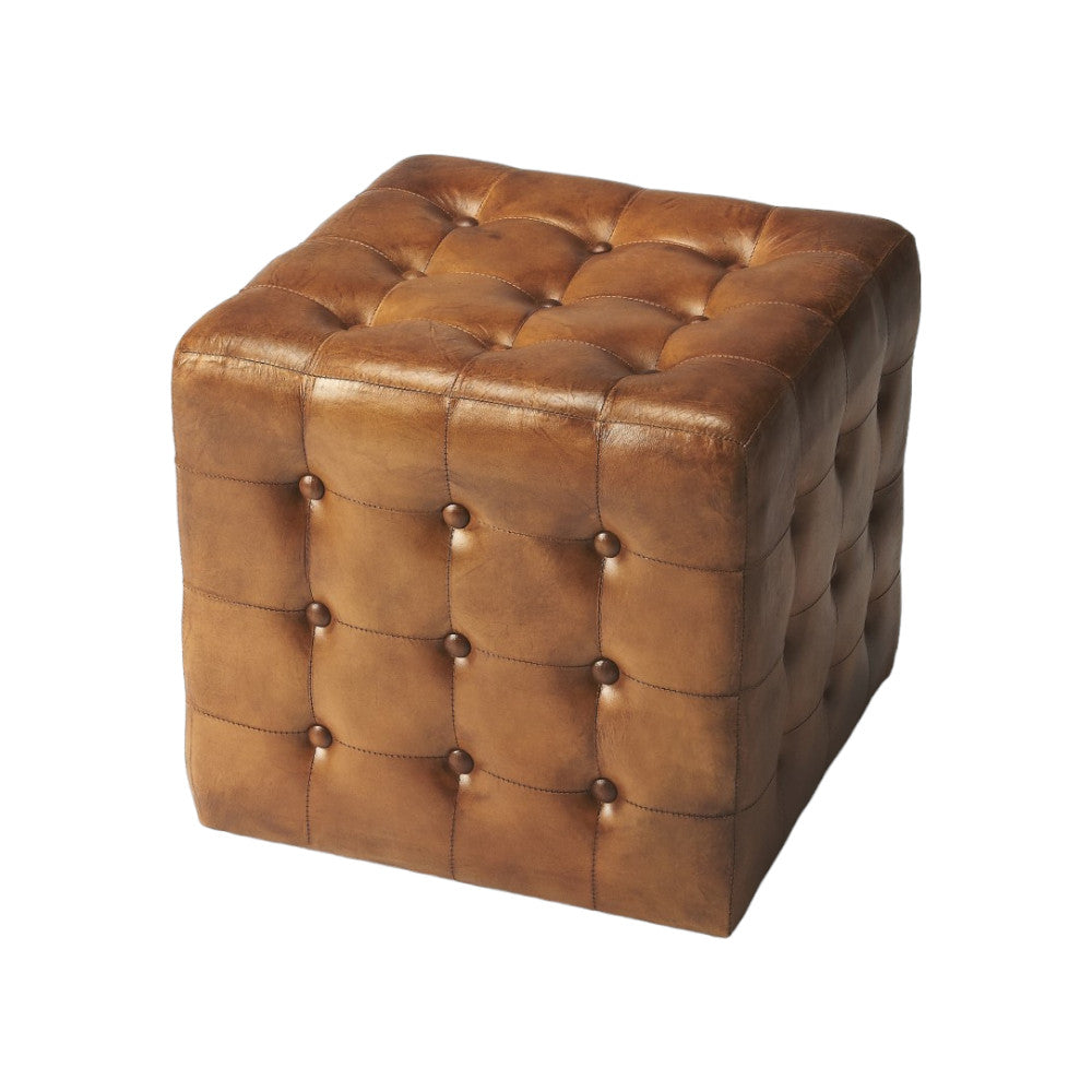 16" Brown Faux Leather Cube Ottoman