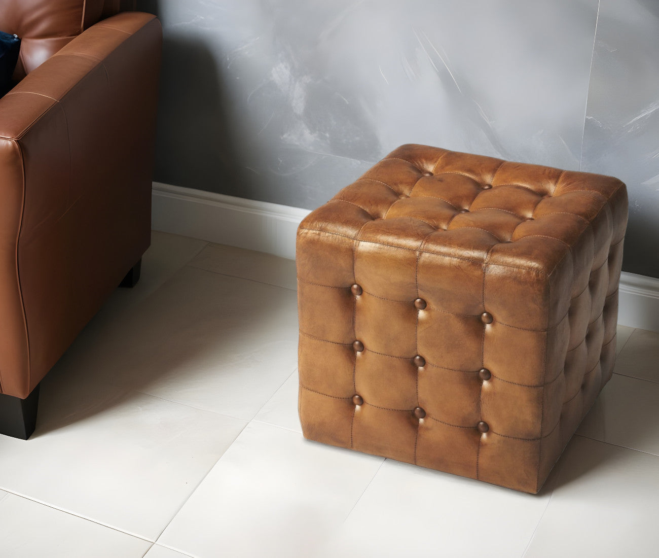 18" Brown Tufted Leather Vintage Style Cube Ottoman