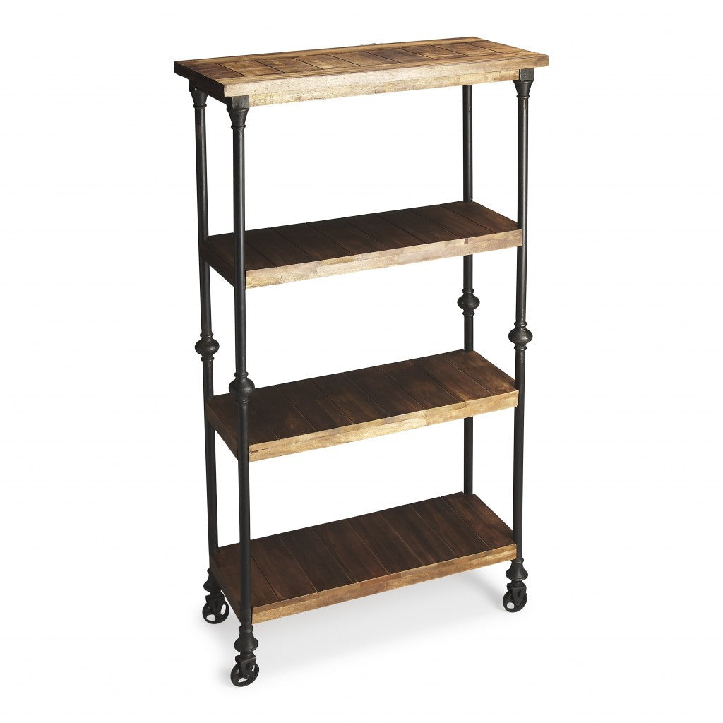 62" Wood Brown Iron Three Tier Standard Bookcase