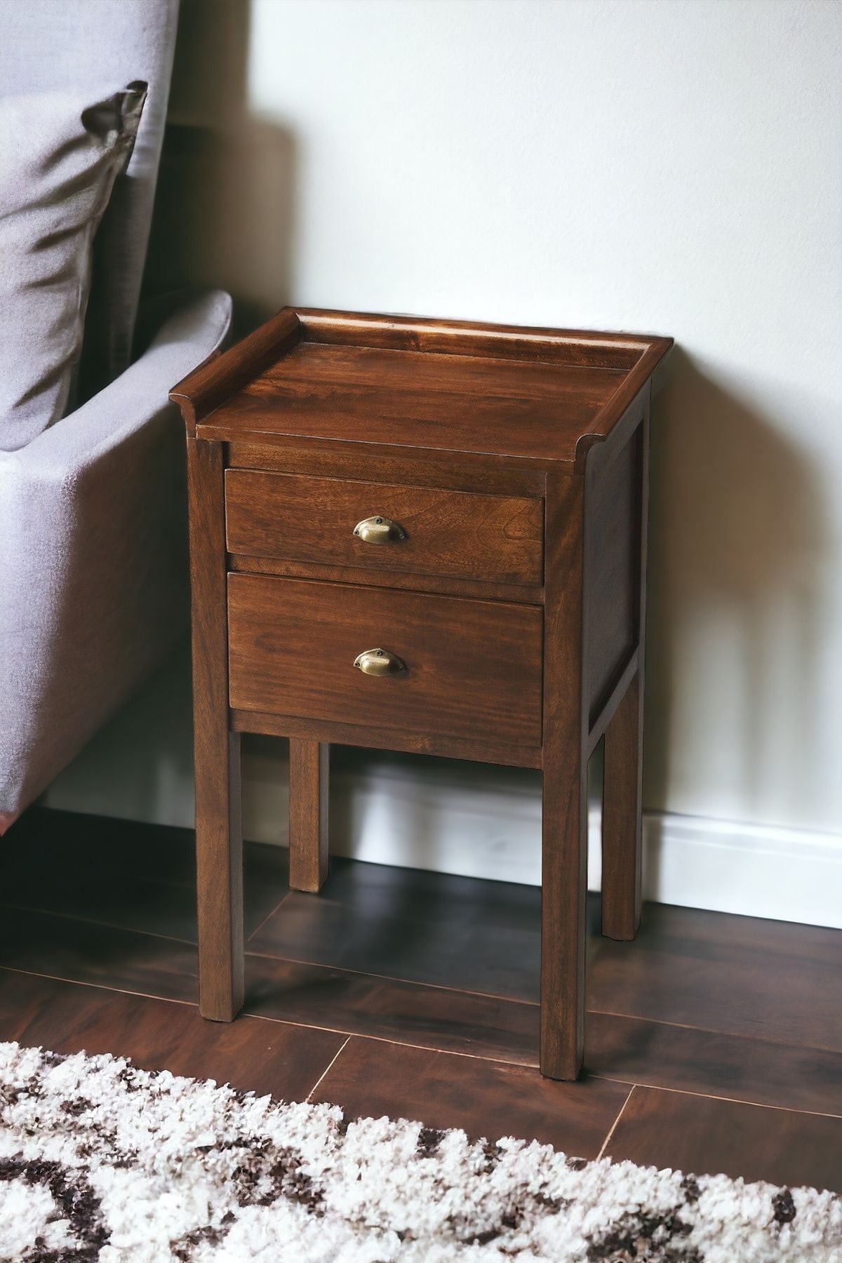 30" Brown Solid Wood End Table With Two Drawers