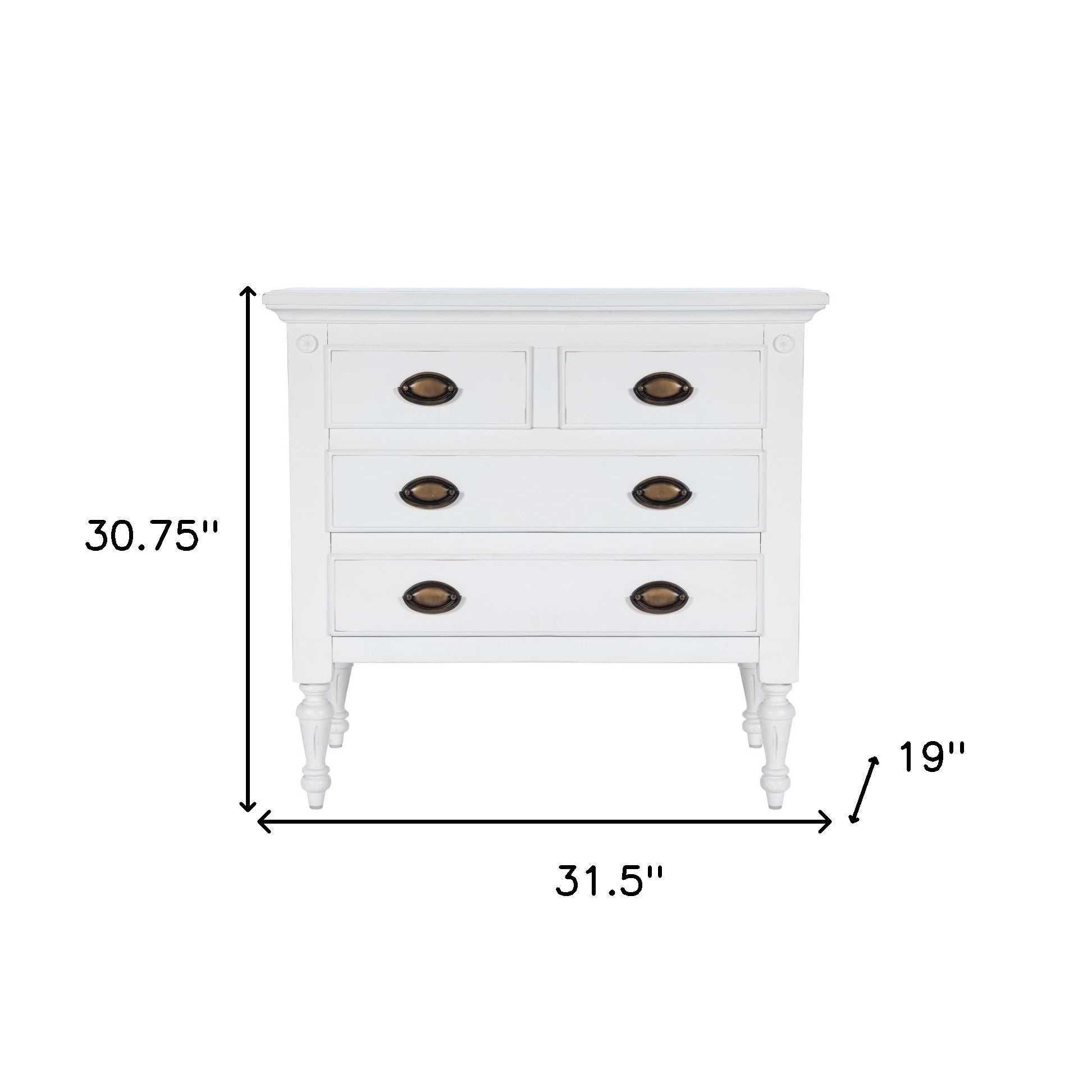 32" White Solid Wood Four Drawer Gentlemans Chest