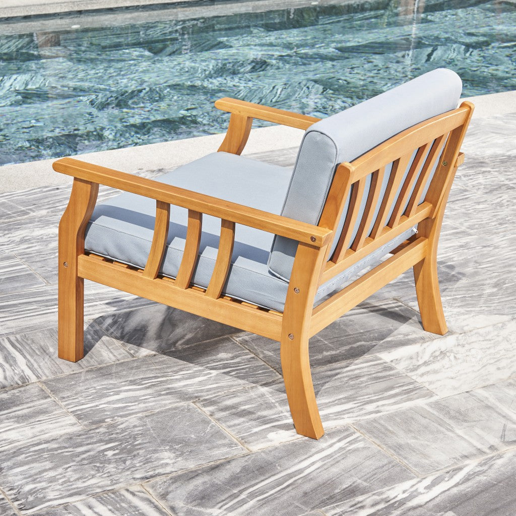 33" Natural Eucalyptus Slat Wood Outdoor Accent Chair with Aqua Cushion