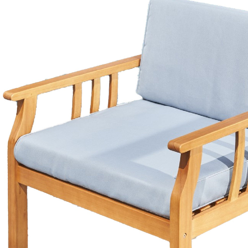 33" Natural Eucalyptus Slat Wood Outdoor Accent Chair with Aqua Cushion