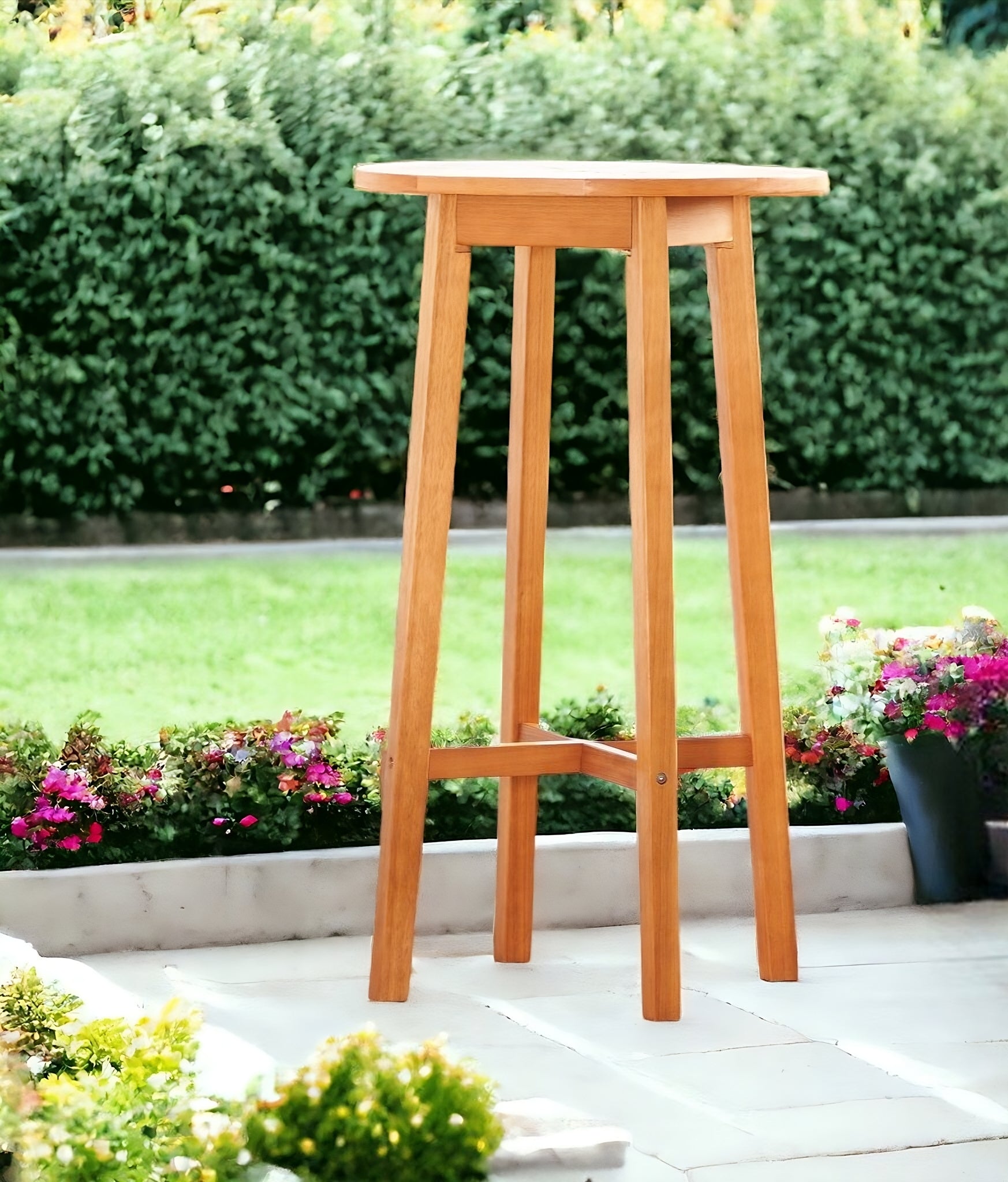 24" Natural Rounded Solid Wood Outdoor Bar Table