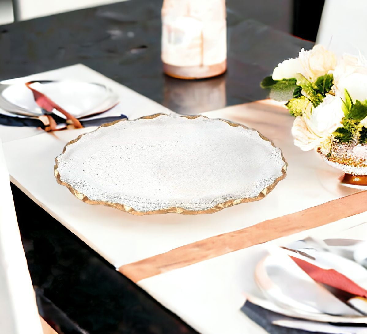 14" Clear Bubble Glass Scalloped Gold Rim Oval Platter