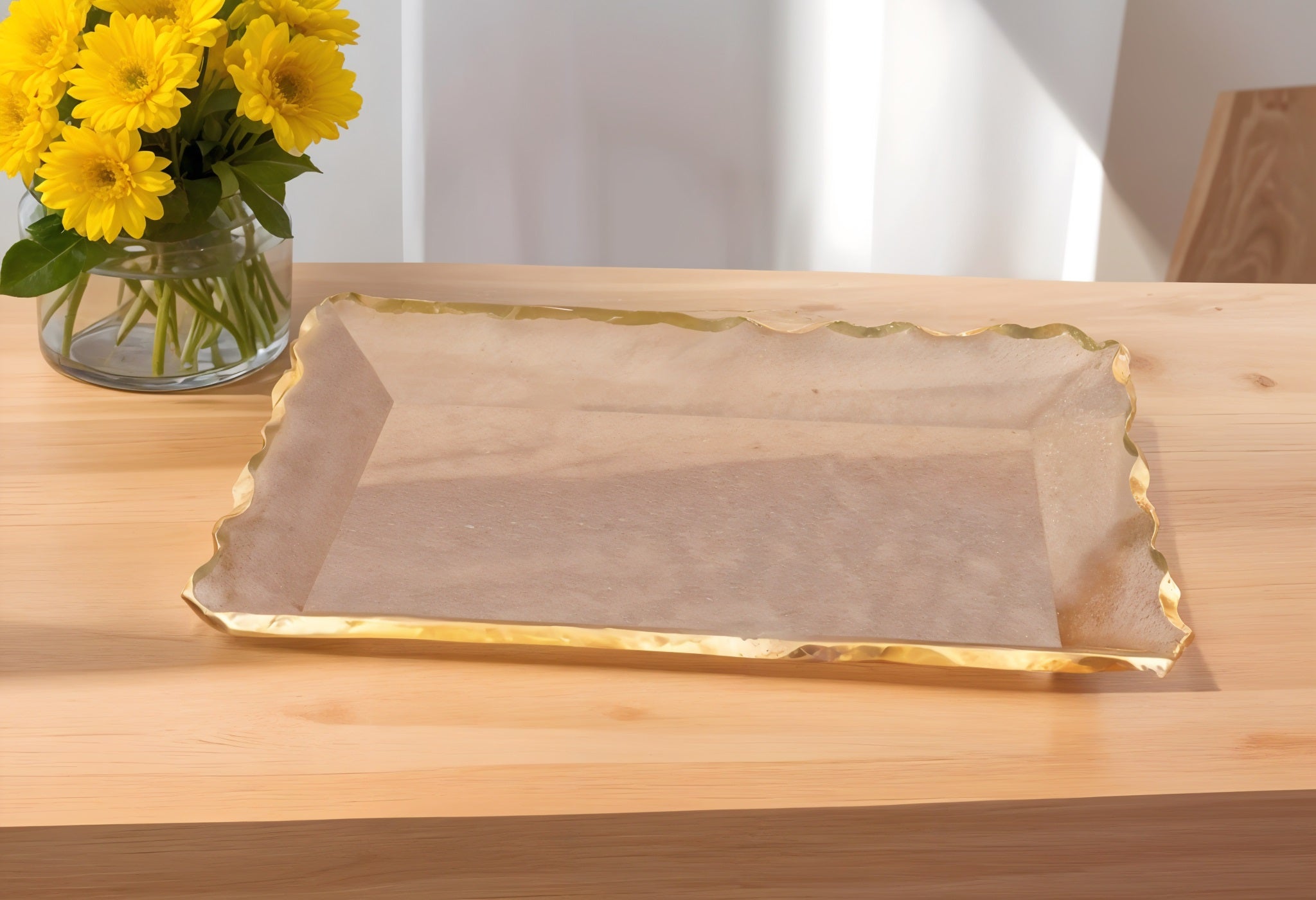 Bubble Glass Scalloped Gold Rim Rectangular Platter Or Tray