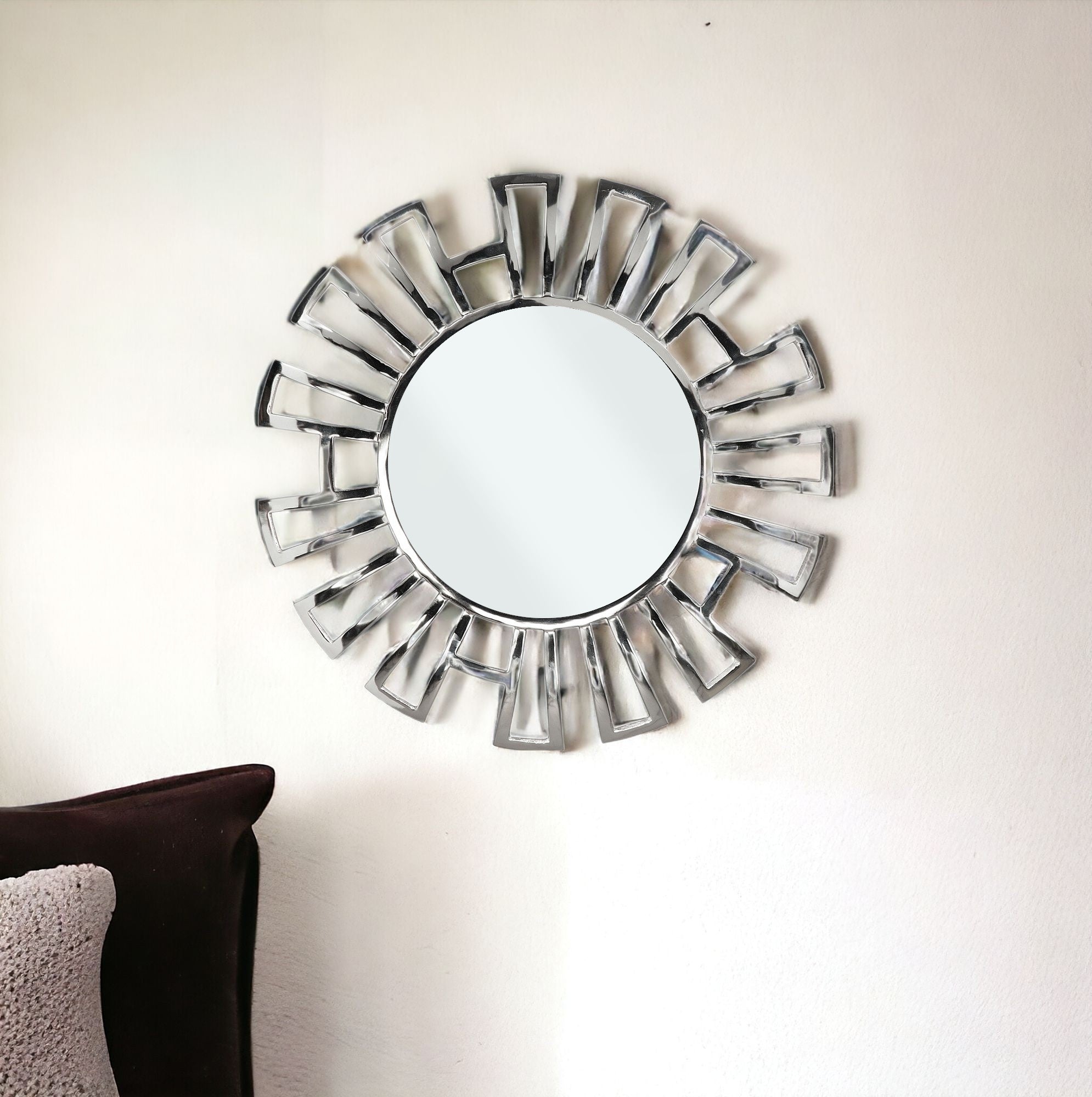 Silver Geometric Design Round Mirror