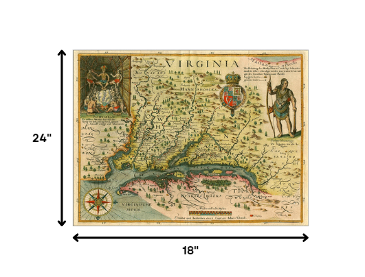 20" X 28" Map Of Virginia C1627 Vintage  Poster Wall Art