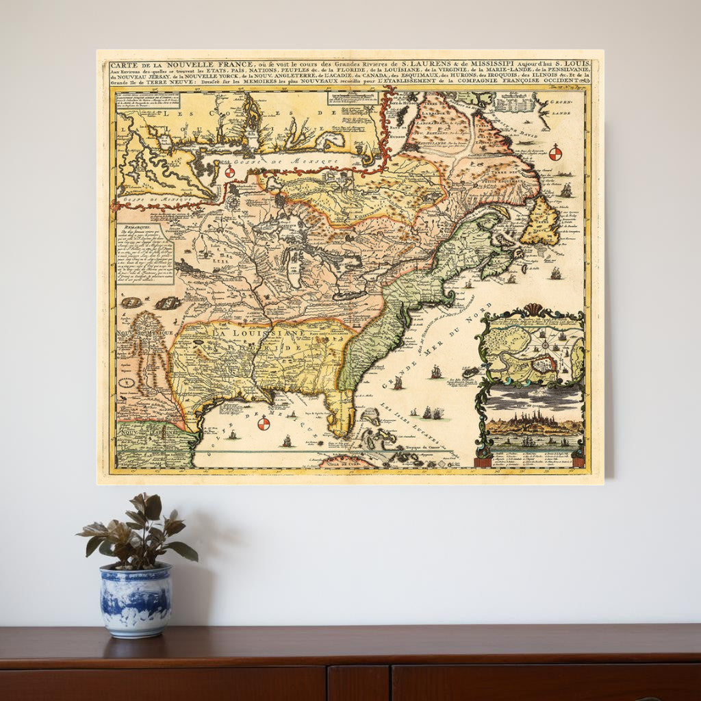 Vintage 1718 Map Of New France Unframed Print Wall Art