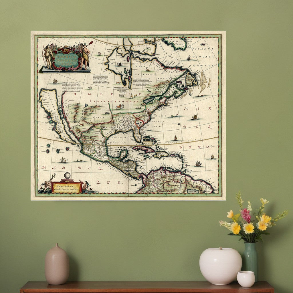 Vintage 1652 Map Of Early North America Unframed Print Wall Art