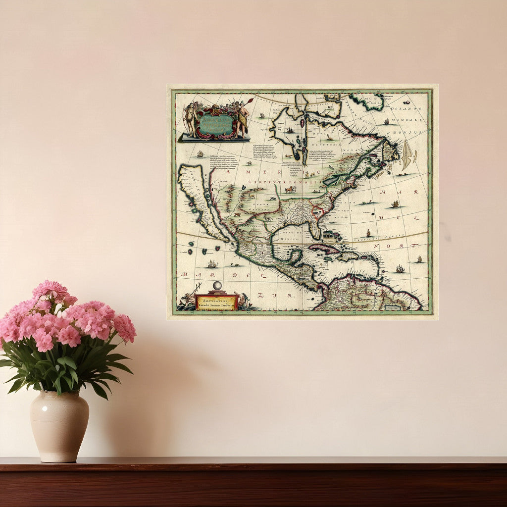 Vintage 1652 Map Of Early North America Unframed Print Wall Art