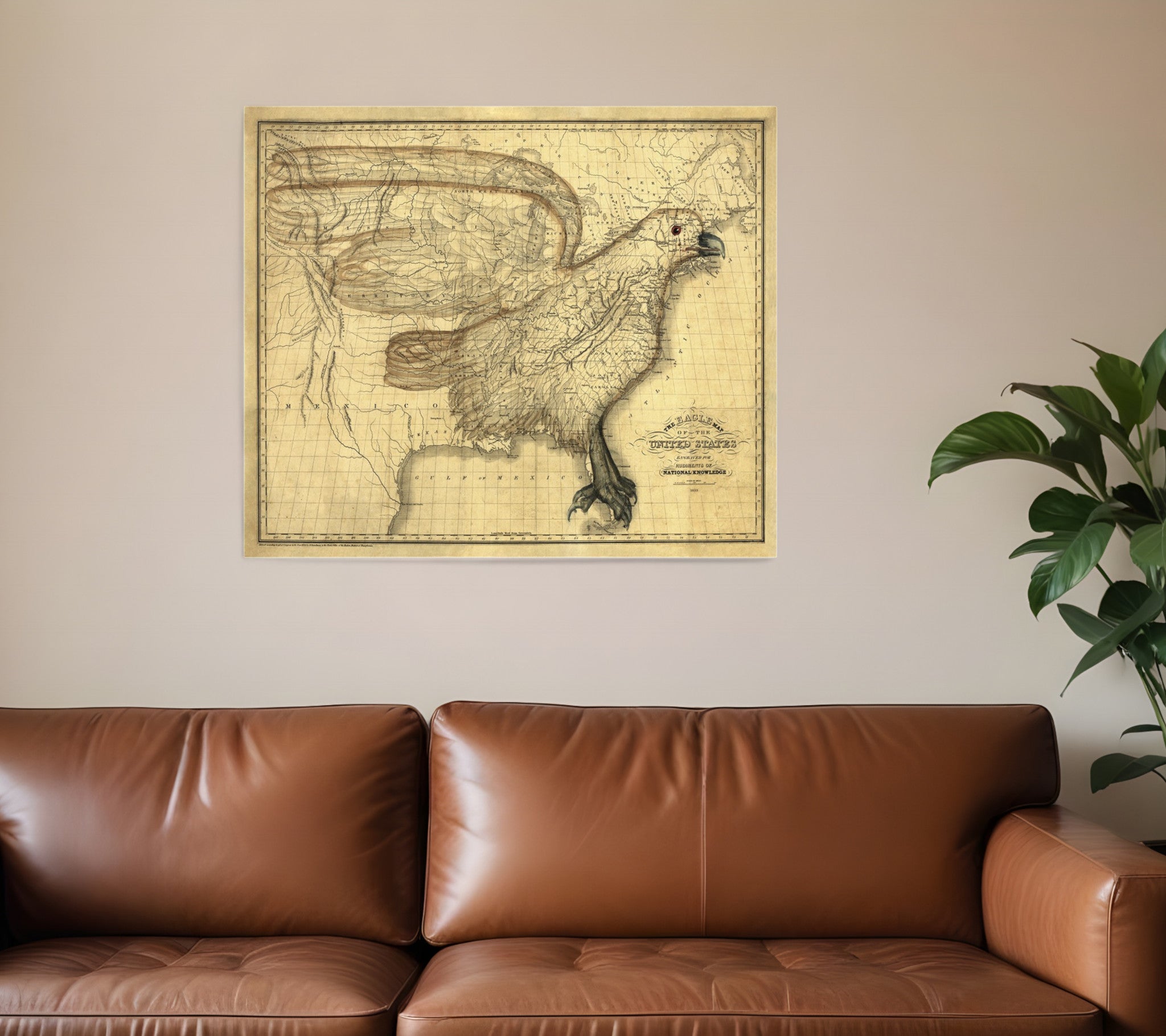 24" X 30" Eagle Map Of America C1833 Vintage  Poster Wall Art