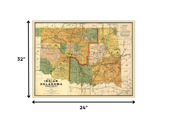 24" X 32" Map Of Indian And Oklahoma Territories Vintage Poster Wall Art