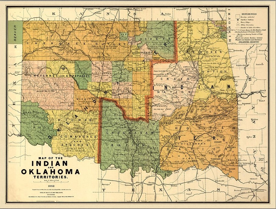 24" X 32" Map Of Indian And Oklahoma Territories Vintage Poster Wall Art