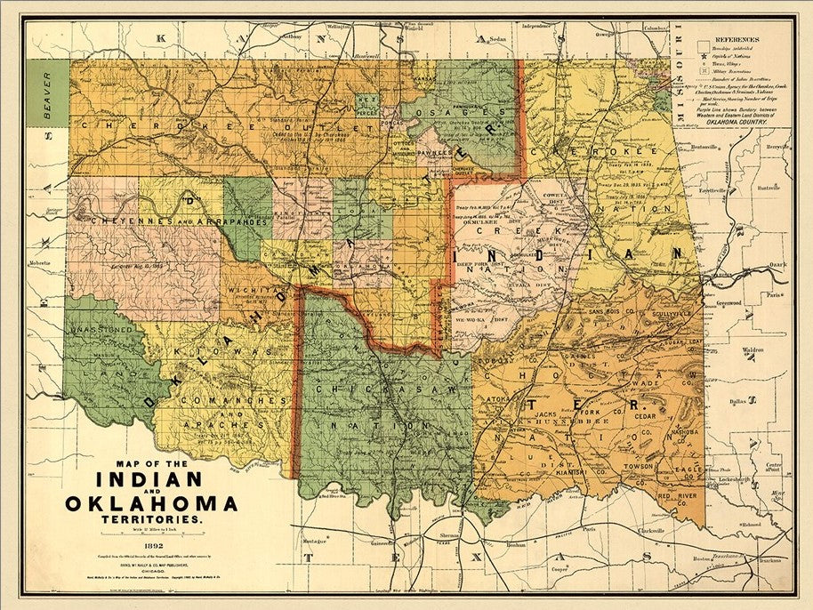 20" X 28" Map Of Indian And Oklahoma Territories Vintage Poster Wall Art