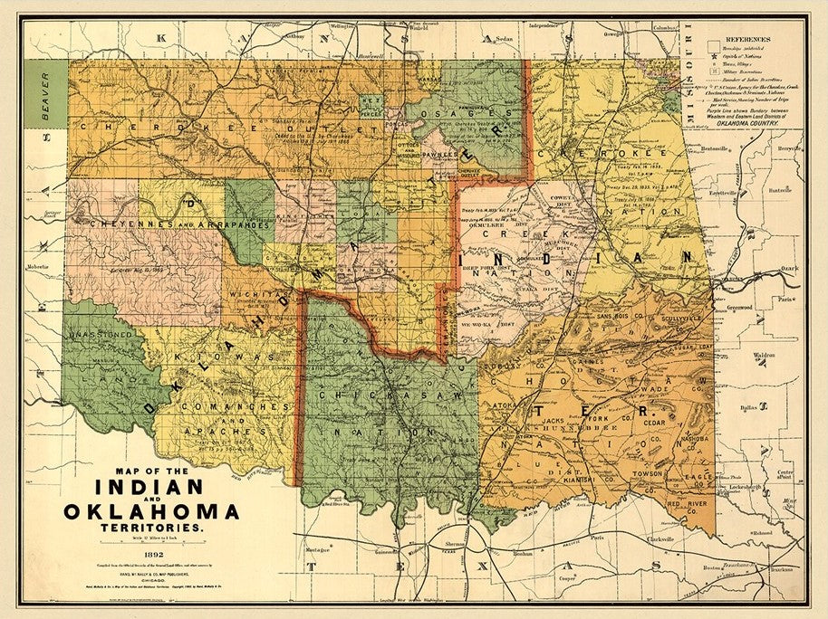 20" X 28" Map Of Indian And Oklahoma Territories Vintage Poster Wall Art