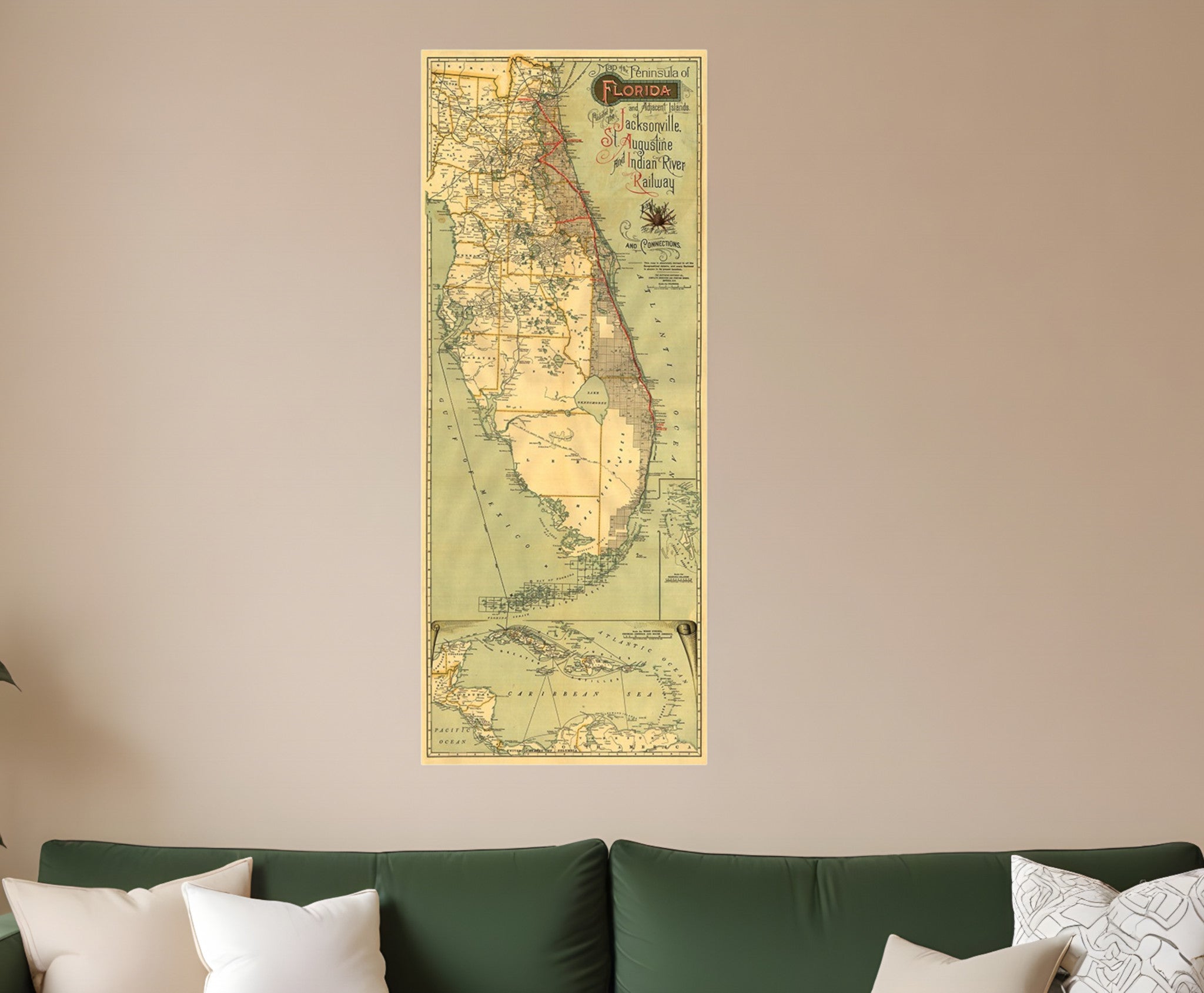 24" X 60" Map Of Jacksonville Florida Vintage Poster Wall Art