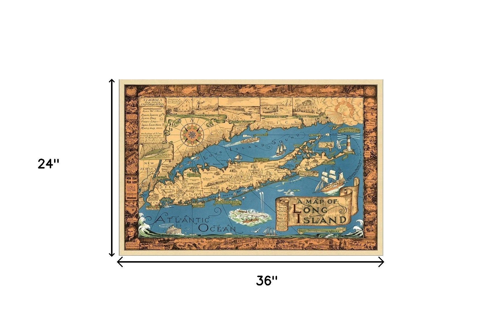 20" X 30" Vintage 1933 Map Of Long Island Wall Art