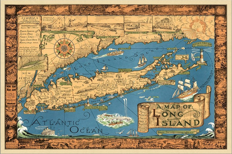 Vintage 1933 Map Of Long Island Unframed Print Wall Art