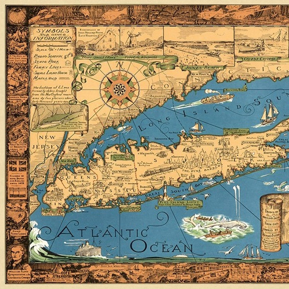 Vintage 1933 Map Of Long Island Unframed Print Wall Art