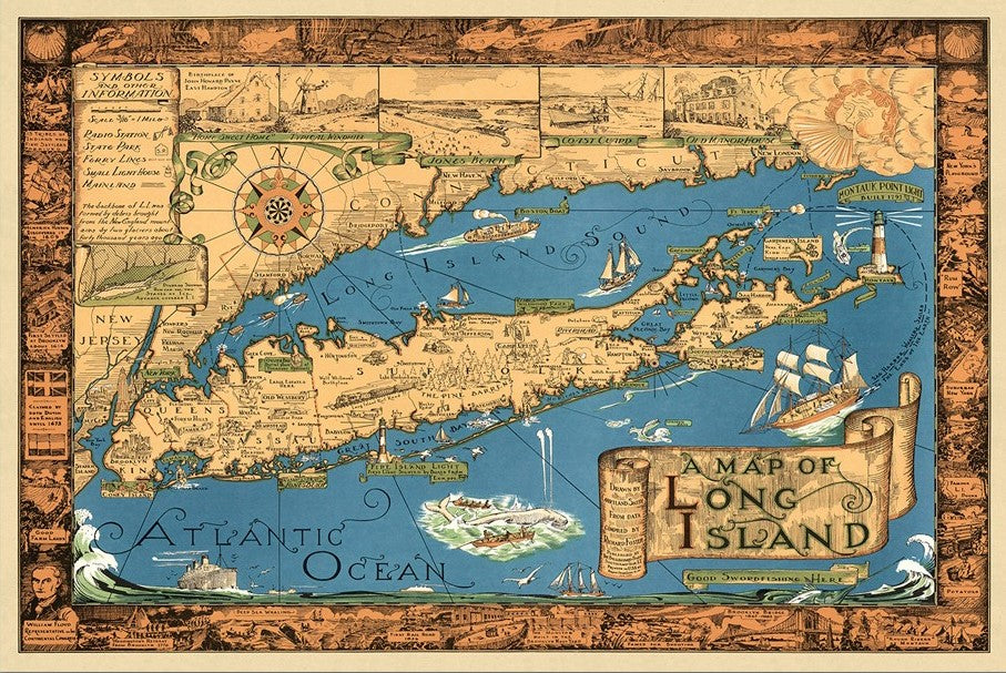 Vintage 1933 Map Of Long Island Unframed Print Wall Art