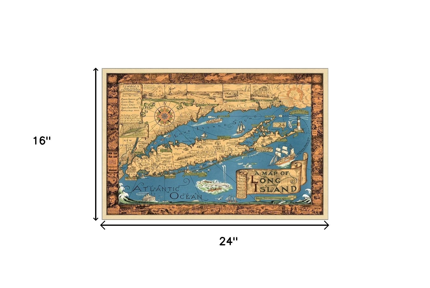 Vintage 1933 Map Of Long Island Unframed Print Wall Art