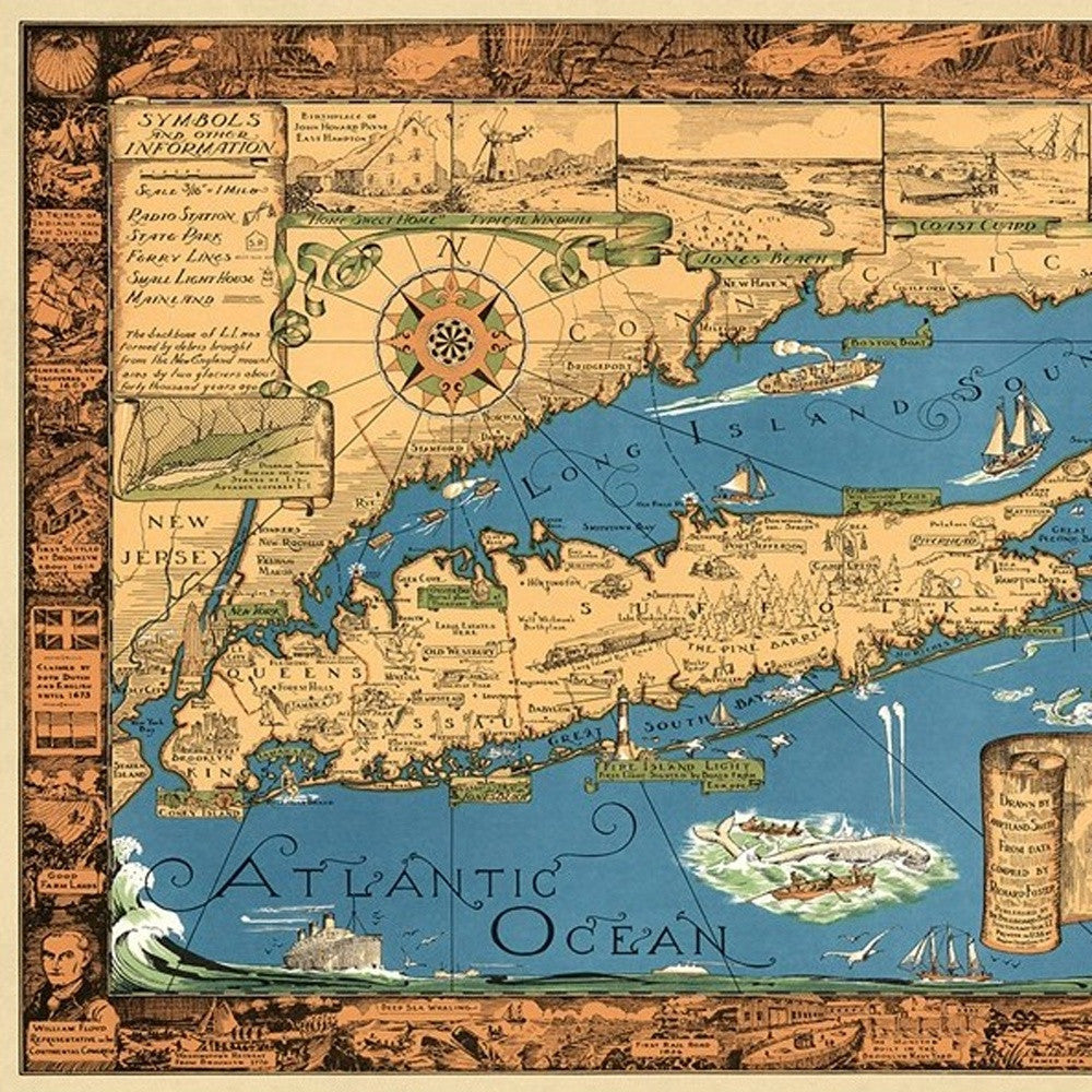 Vintage 1933 Map Of Long Island Unframed Print Wall Art