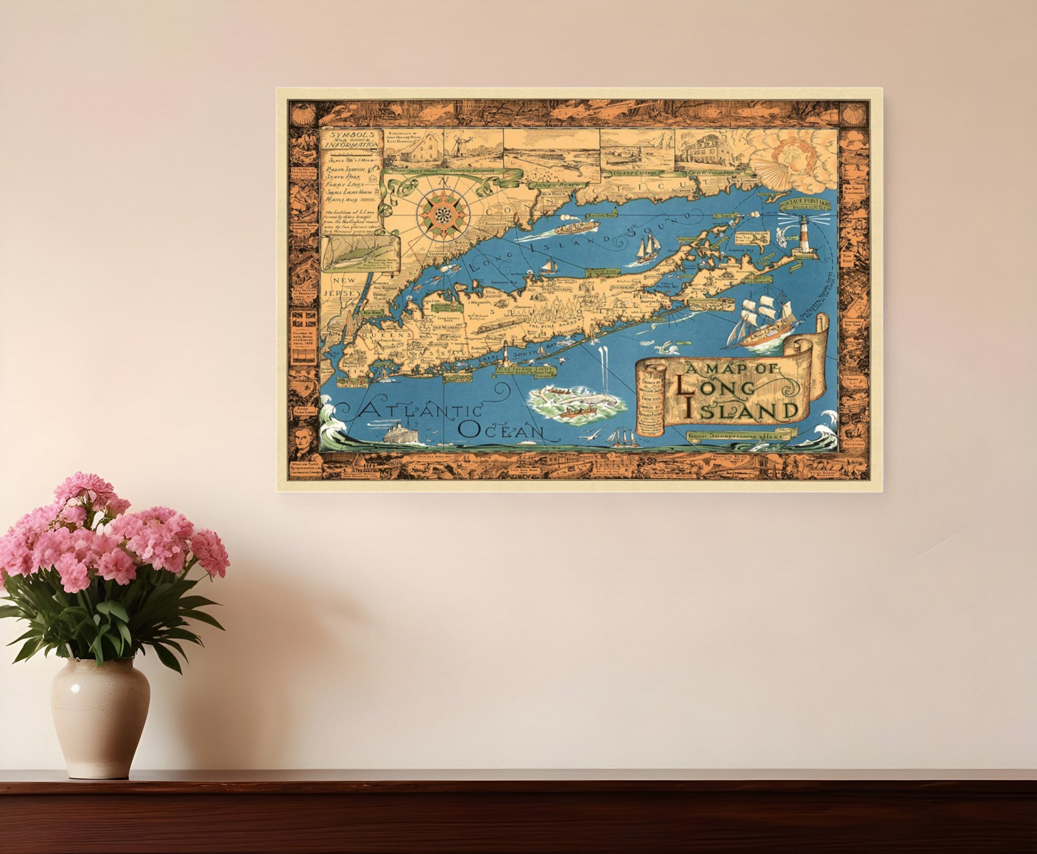 Vintage 1933 Map Of Long Island Unframed Print Wall Art