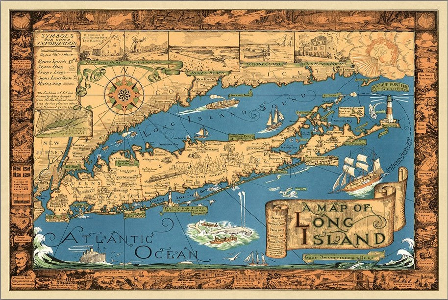 20" X 30" Vintage 1933 Map Of Long Island Wall Art