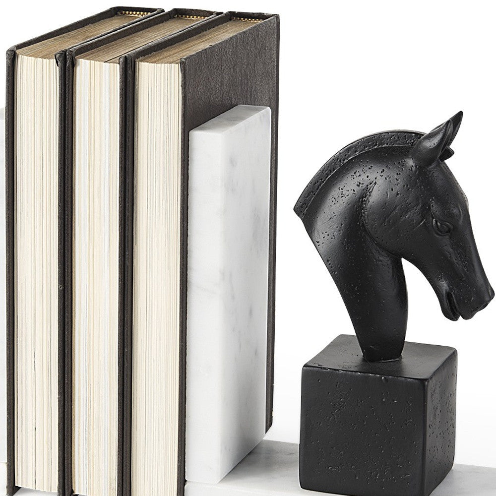 Black Stallion On White Marble Bookends