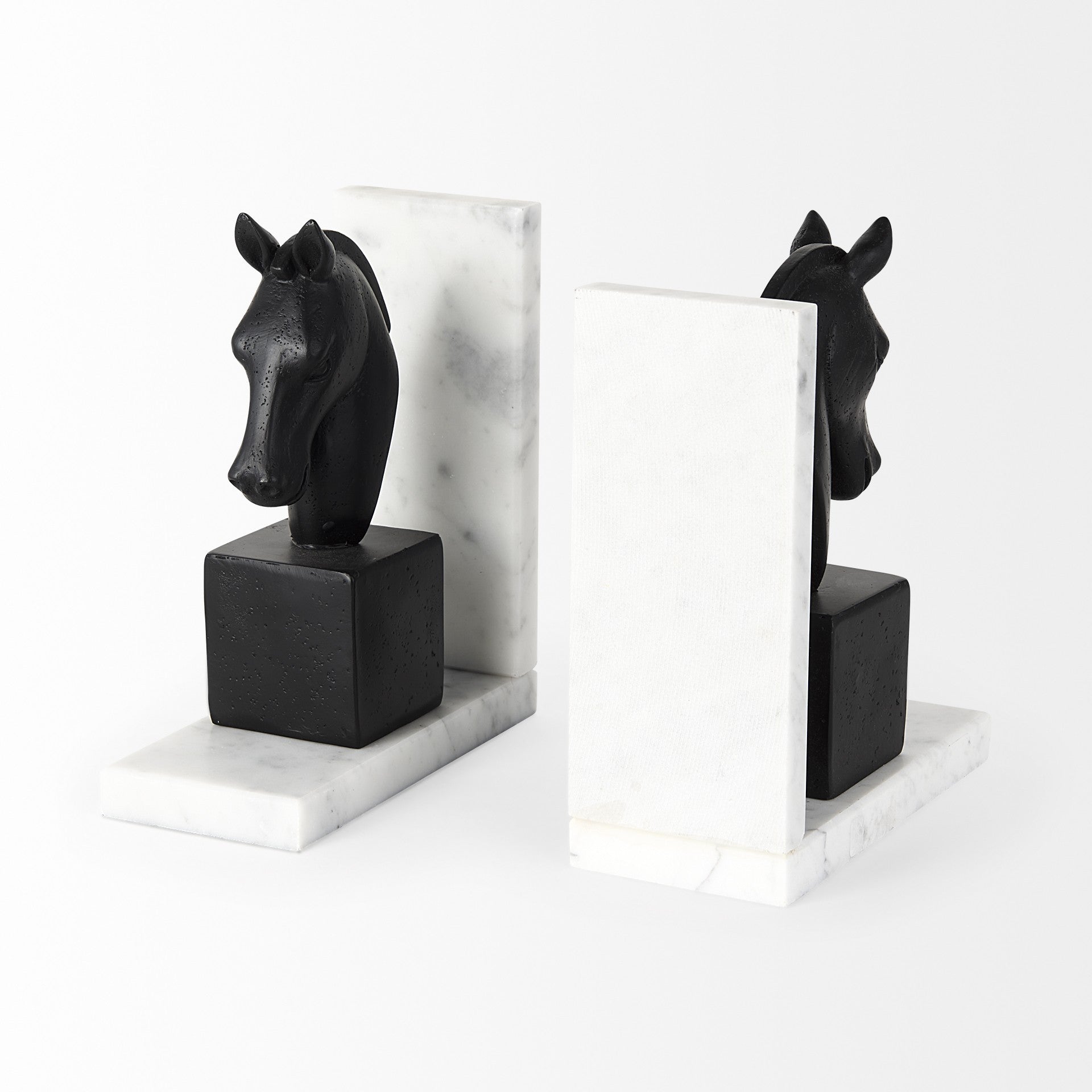 Black Stallion On White Marble Bookends