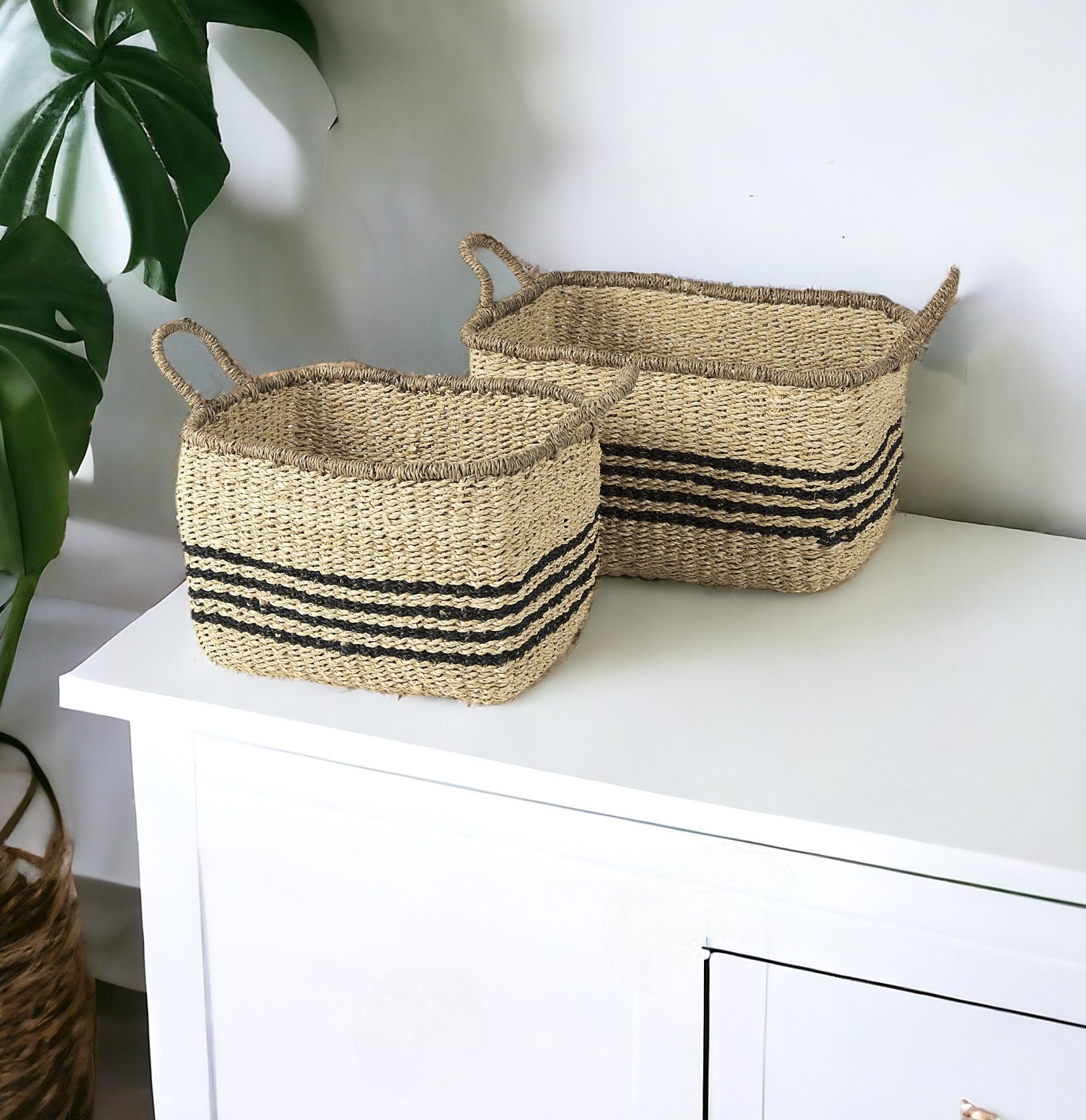 Set Of Two Striped Wicker Storage Baskets