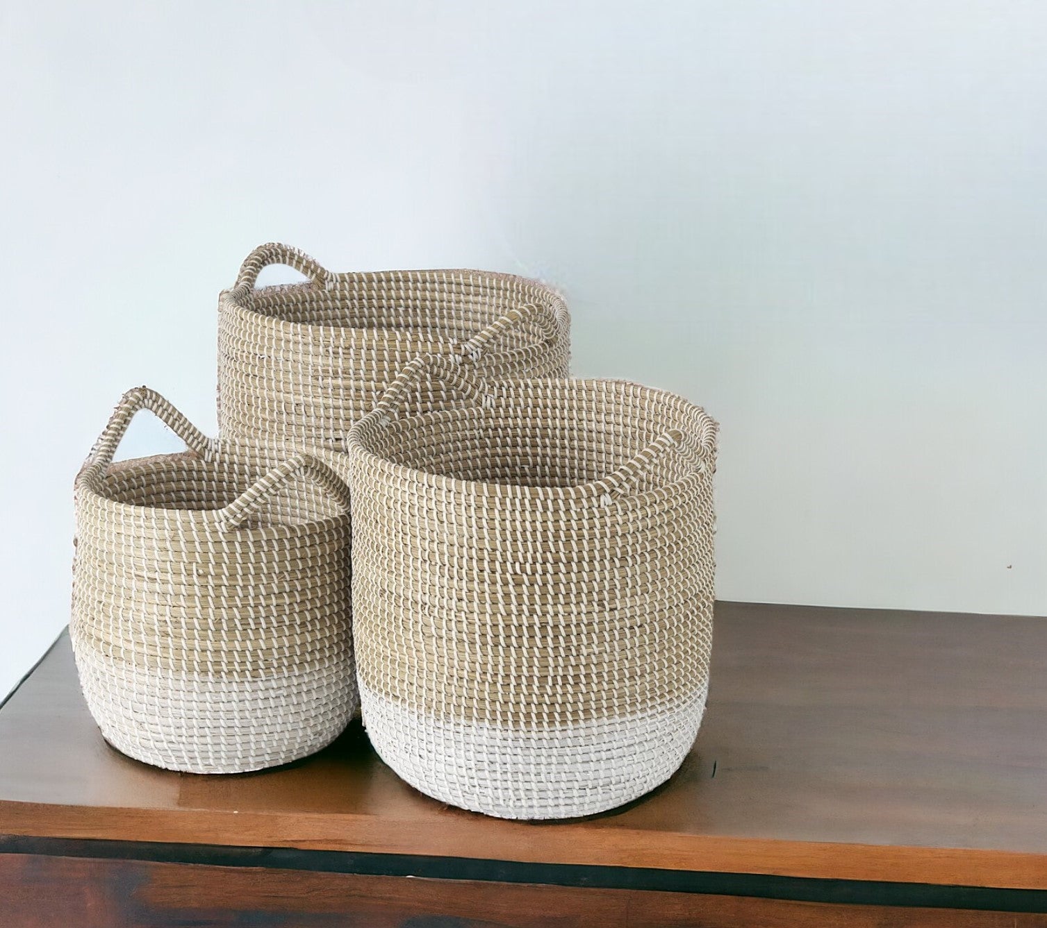 Set Of Three Beige And White Storage Baskets