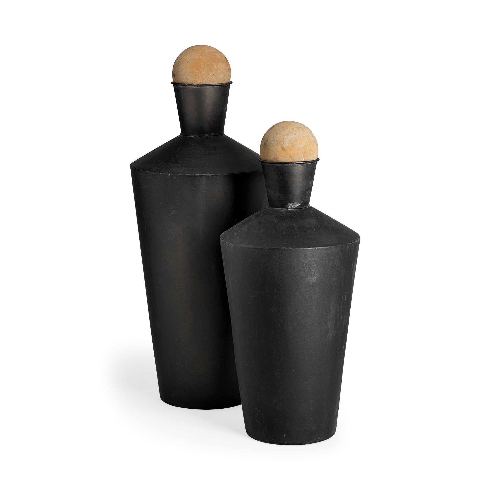 Set of Two Black and Brown Metal Cylindrical Urns