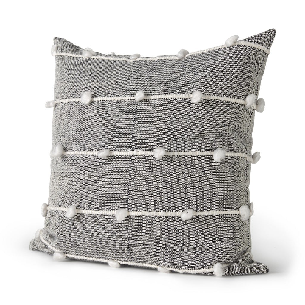 20" Gray and White Striped Linen Throw Pillow Cover With Embroidery and Pom Poms