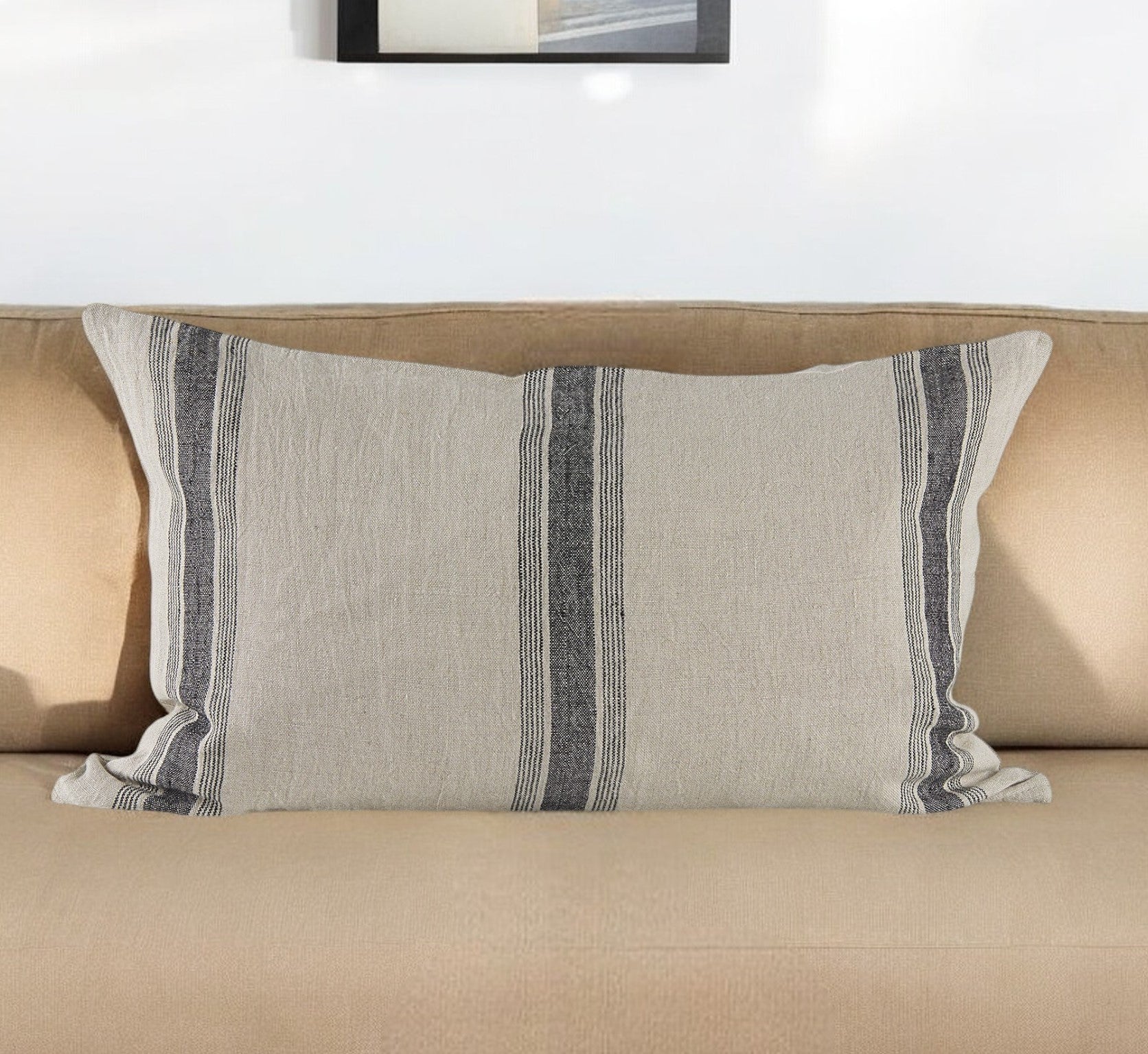 13" X 21" Beige and Black Striped Linen Throw Pillow Cover