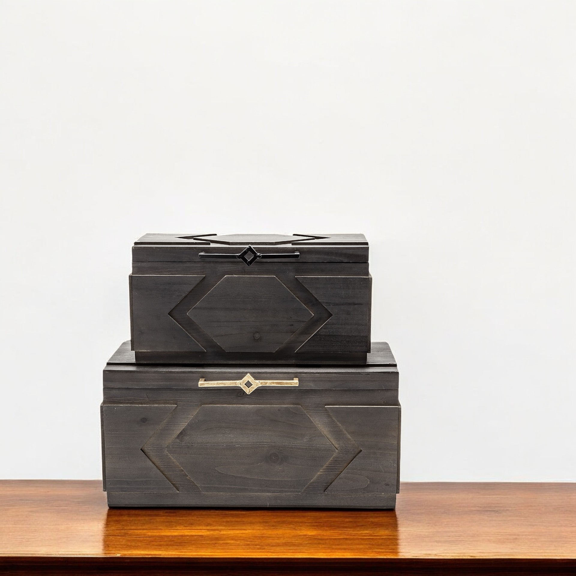 Set Of Two Brown Detailed Wooden Boxes