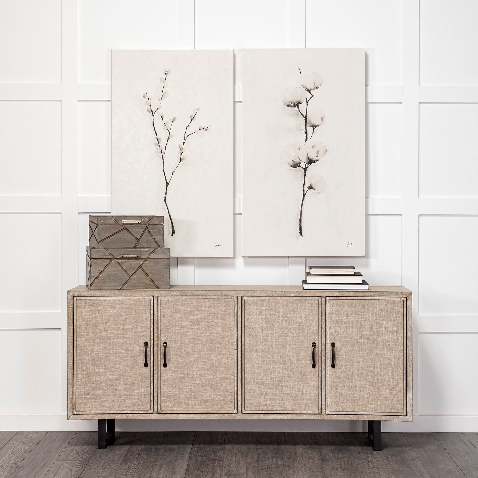 Set Of Two Gray Wooden Boxes With Carved Details