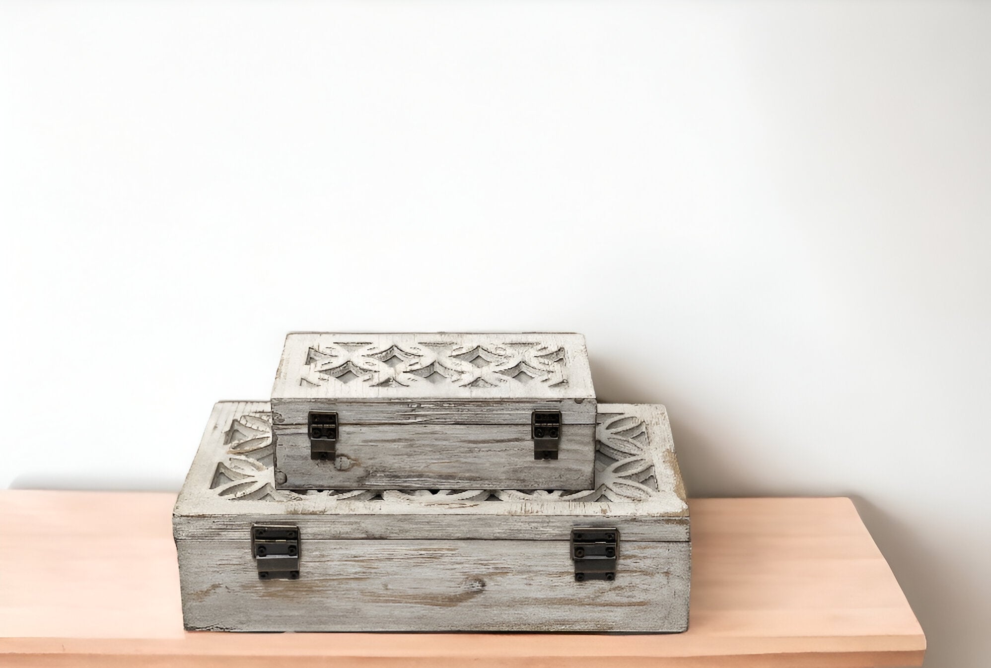 Set Of Two Distressed White Wooden Boxes