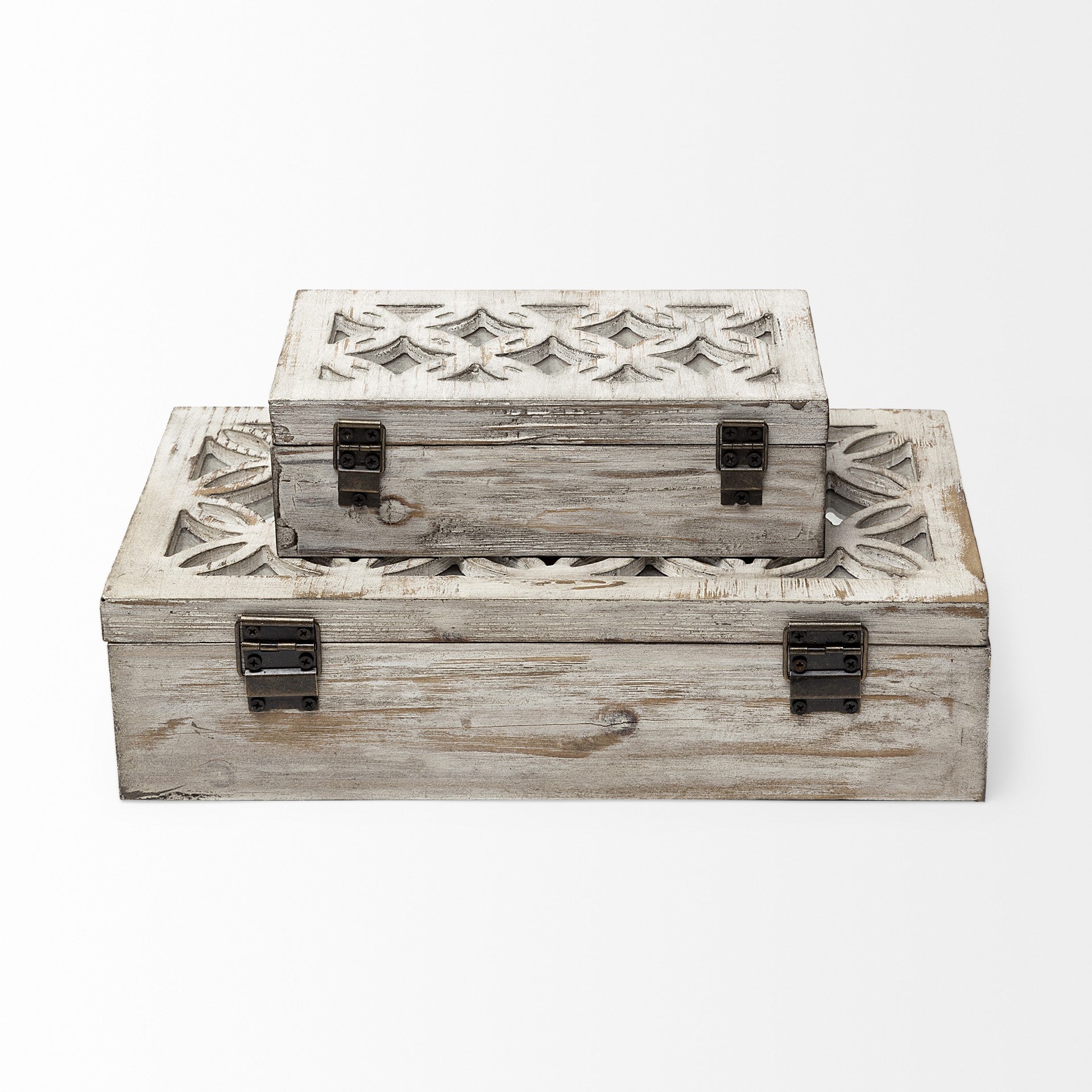 Set Of Two Distressed White Wooden Boxes