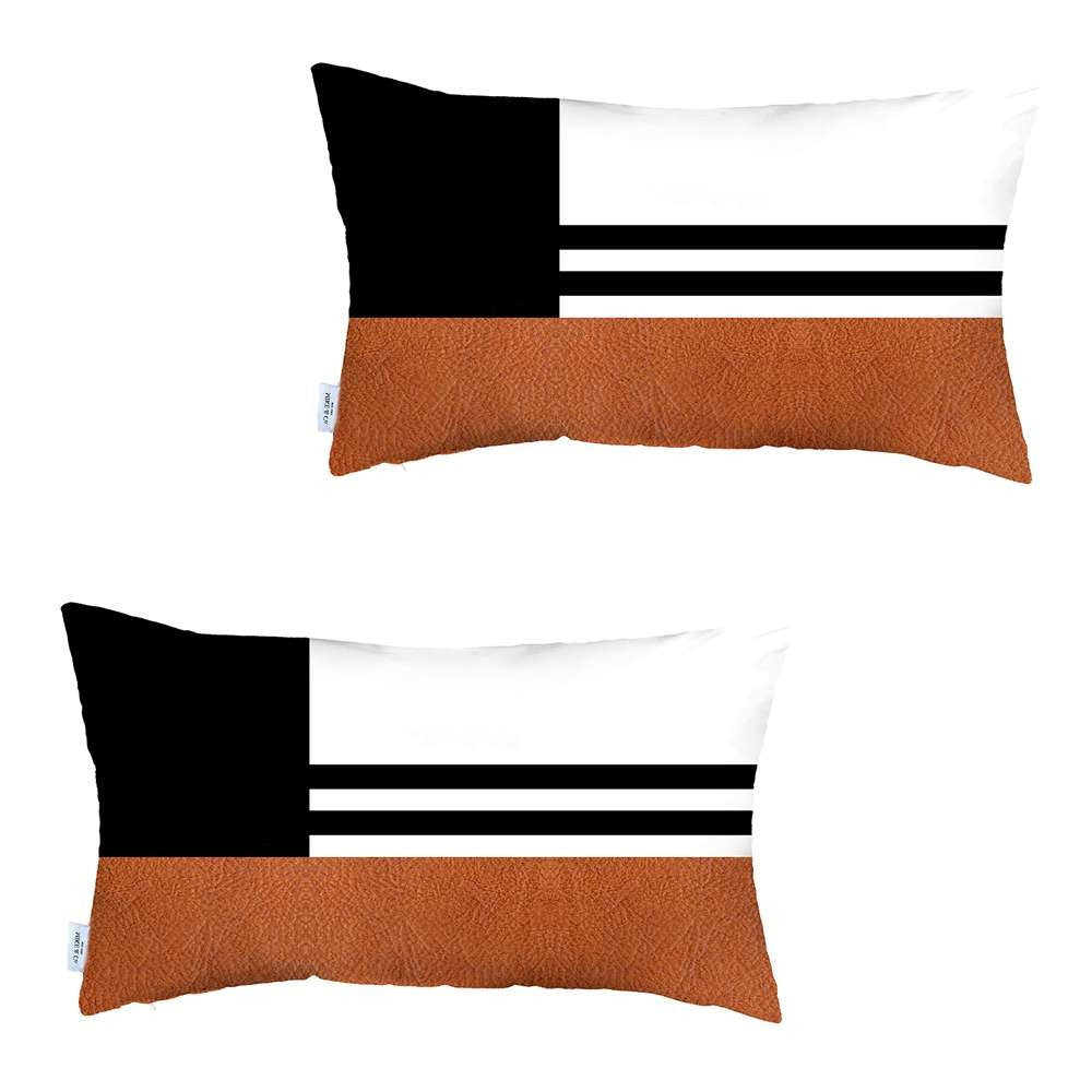 Set Of 2 Brown Geometric Lumbar Pillow Covers