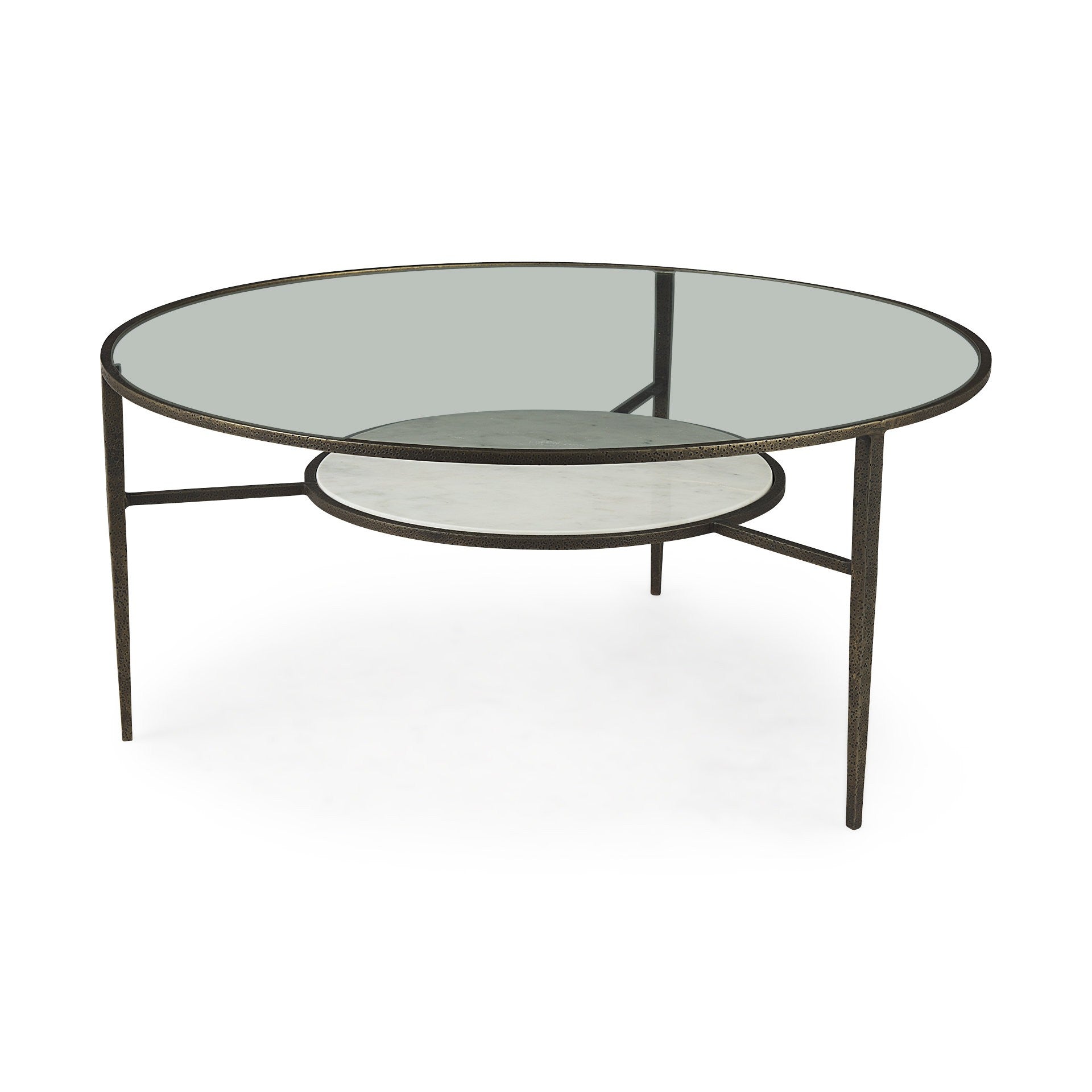 36" Clear And Bronze Glass And Metal Round Coffee Table With Shelf