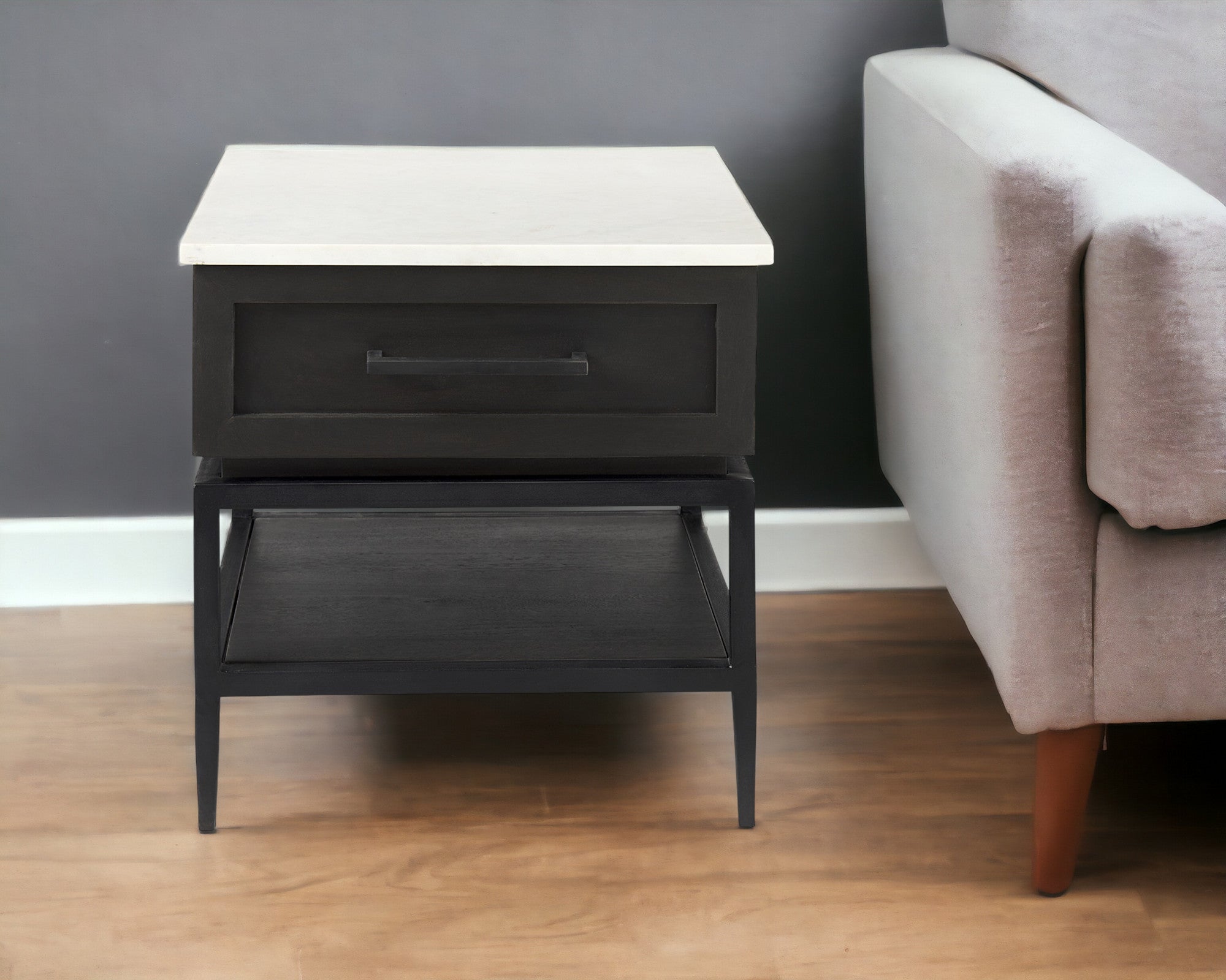 22" Black And White Marble Square End Table With Drawer And Shelf