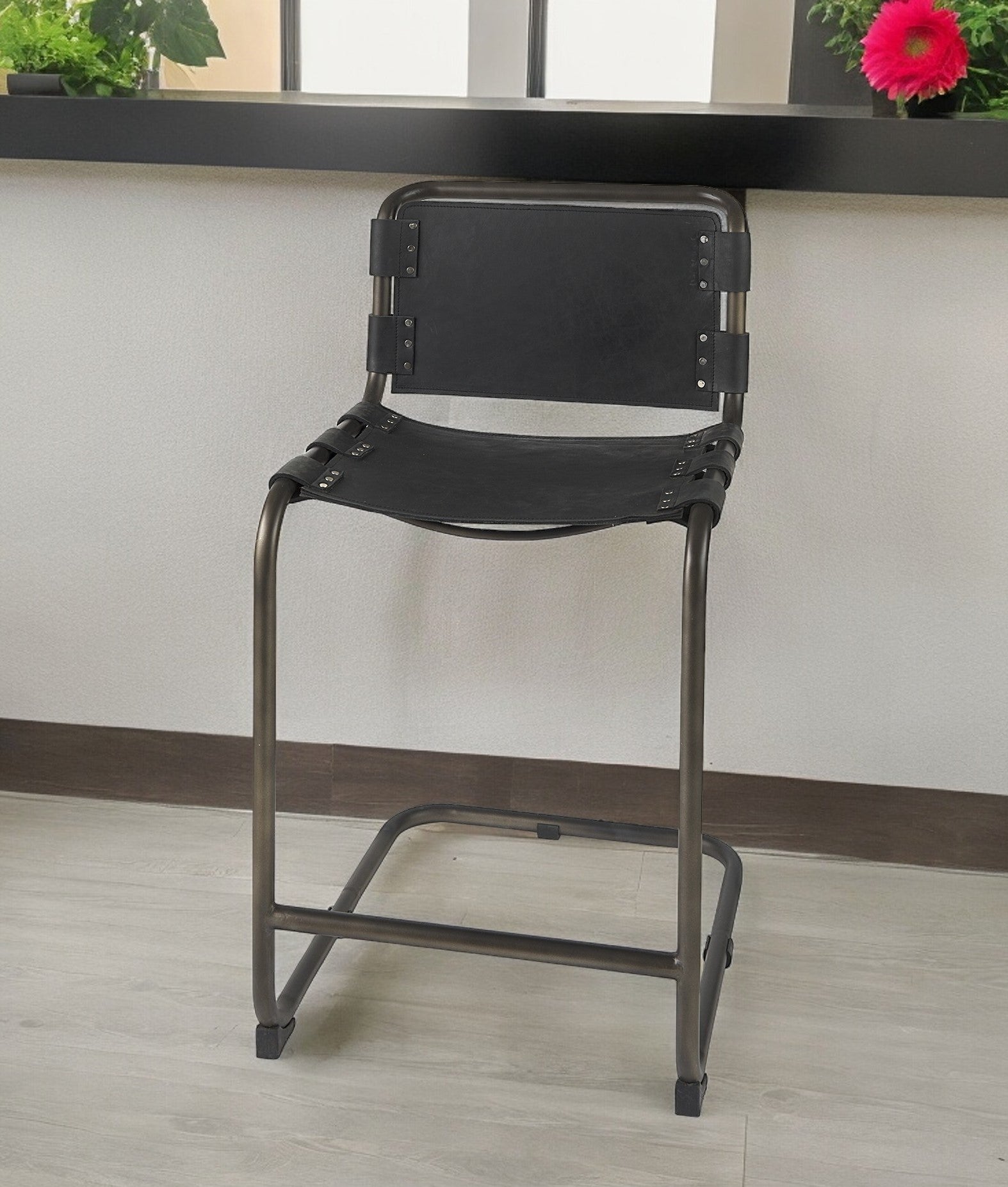 29" Black Leather And Iron Bar Chair